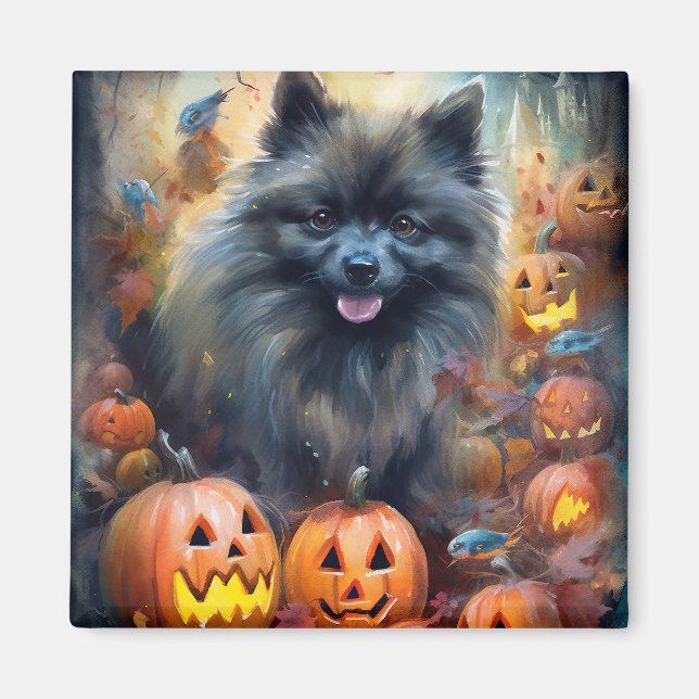 Íman Halloween Keeshond Com Pumpkins Assustado (Frente)