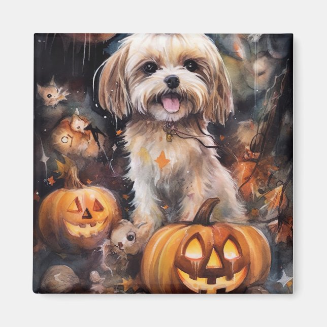 Íman Halloween Lhasa Apso Com Pumpkins Assustado (Frente)