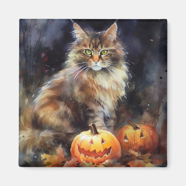 Íman Halloween Maine Coon Cat Com Pumpkins Assustado (Frente)