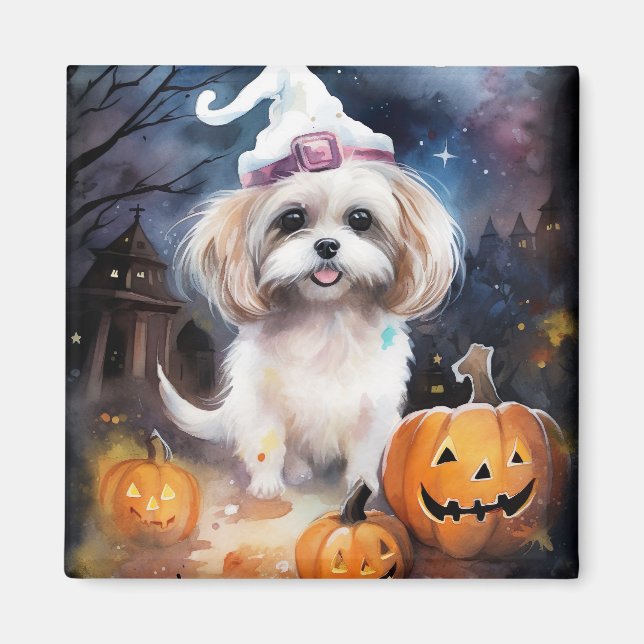 Íman Halloween Malti Tzu Com Pumpkins Assustado (Frente)