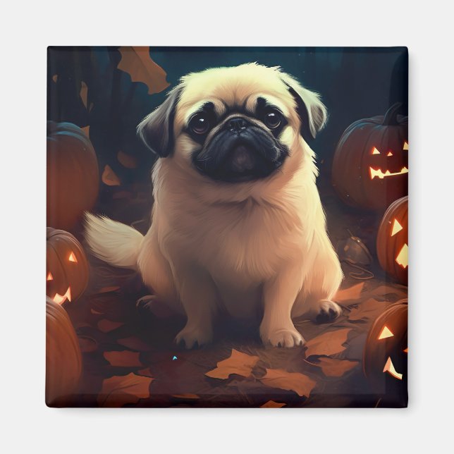 Íman Halloween Pekingese Com Pumpkins Assustado (Frente)