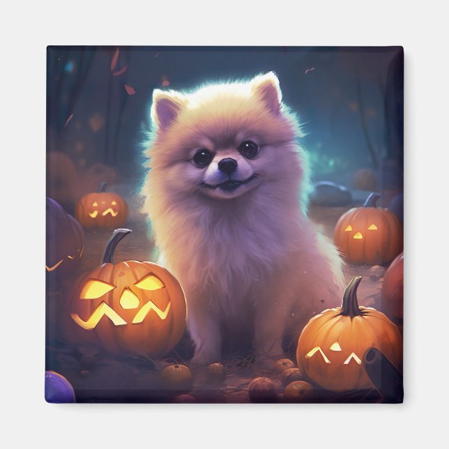 Íman Halloween Pomeranian Com Pumpkins Assustado (Frente)