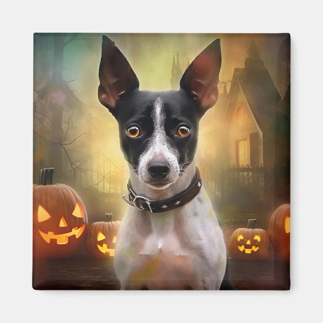 Íman Halloween Rat Terrier Com Pumpkins Assustado (Frente)