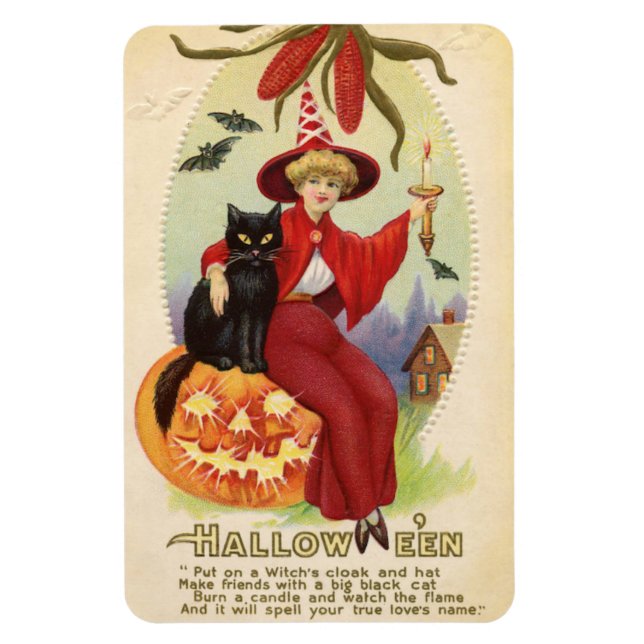 Íman Hallowe'en Red Witch e Black Cat Vintage (Vertical)