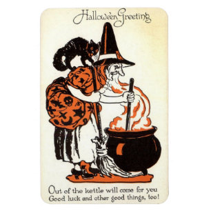 Íman Hallowe'en Saudações Bruxa e Kettle Vintage