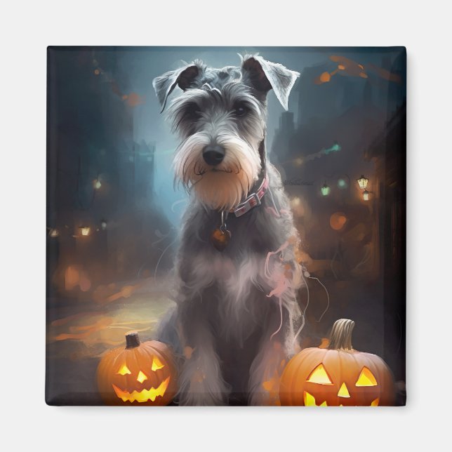 Íman Halloween Schnauzer Com Pumpkins Assustado (Frente)