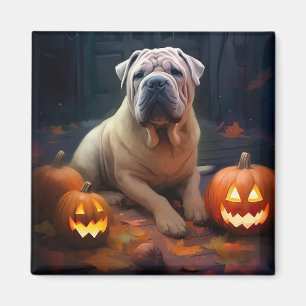 Íman Halloween Shar Pei Com Pumpkins Assustado