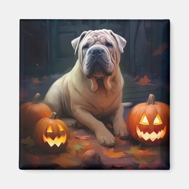 Íman Halloween Shar Pei Com Pumpkins Assustado (Frente)