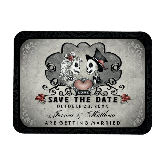 Íman Halloween Skeletons Cinzas Negras e Coração Vermel (Horizontal)