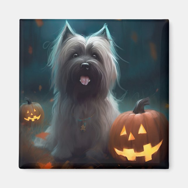 Íman Halloween Skye Terrier Com Pumpkins Assustado (Frente)