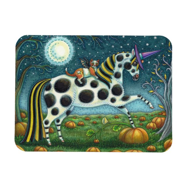 ÍMAN  HALLOWEEN SPONTTED PONY & BAT CAT WHIMSICAL HORSE (Horizontal)