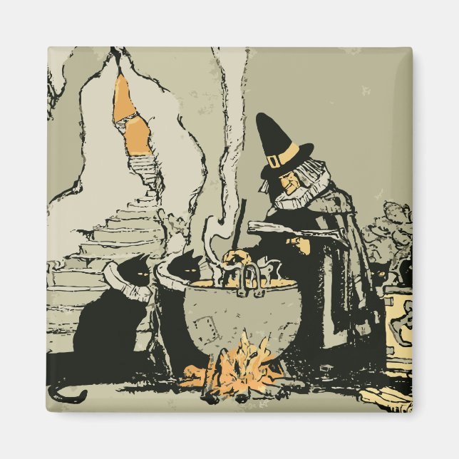 Íman Halloween Vintage, Bruxa com Caldeirão e Gatos (Frente)