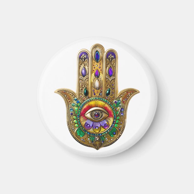Íman Hamsa de Âmbar Rubi Olho Terceiro Pintado a Ouro (Frente)
