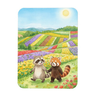 Íman Hand-Painted Raccoon & Red Panda Meadow