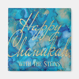Íman Hanukkah Magnet Square Happy Chanukah Dourado/Blue