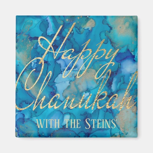 Íman Hanukkah Magnet Square Happy Chanukah Dourado/Blue (Frente)