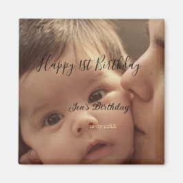 Íman Happy 1st birthday name photo date stylish calligr