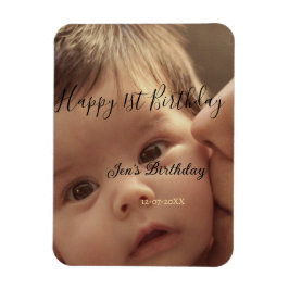 Íman Happy 1st birthday name photo date stylish calligr