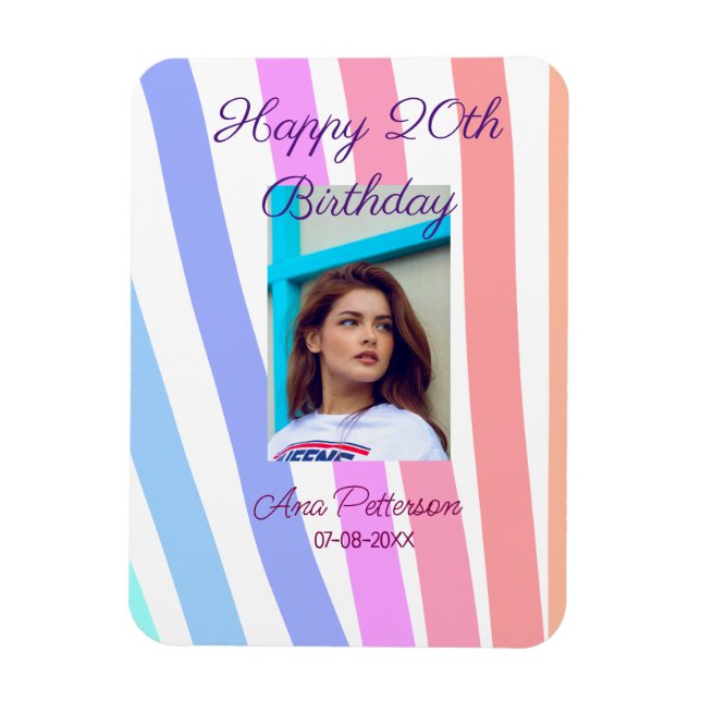 Íman Happy 20th Birthday rainbow rustic boho lines phot (Vertical)