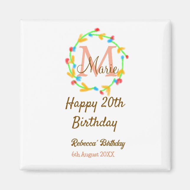 Íman Happy 20th Birthday red add name monogram wreath (Frente)