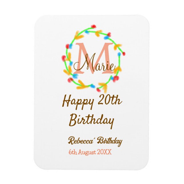 Íman Happy 20th Birthday red add name monogram wreath (Vertical)