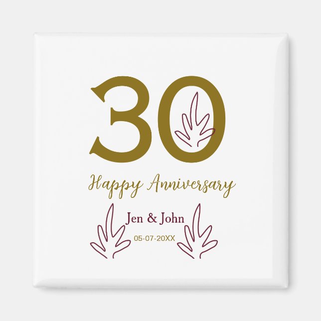 Íman Happy 30th anniversary name date golden red leaf (Frente)