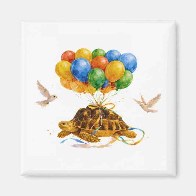 Íman Happy Birthday flying Sulcata turtle with balloons (Frente)