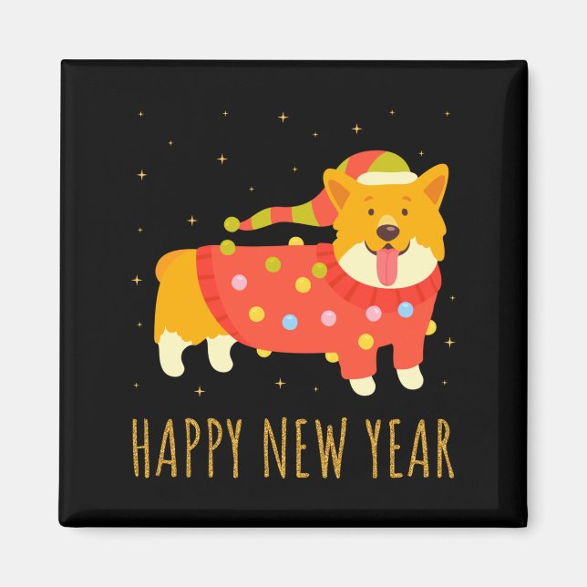 Íman Happy Dog Corgi Celebrating New Year Cozy Christma (Frente)