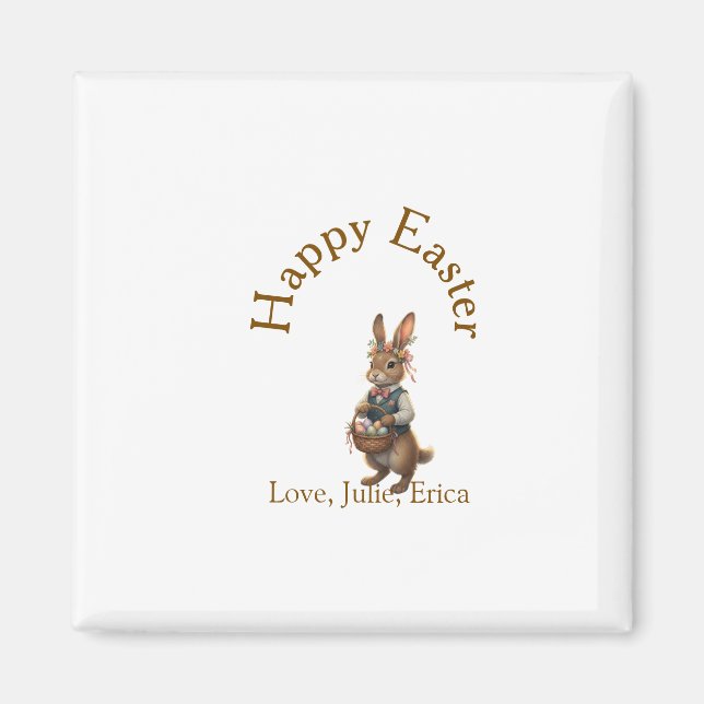 Íman Happy Easter brown bunny with eggs love add name  (Frente)