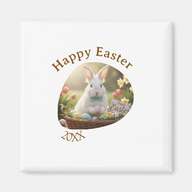 Íman Happy Easter white bunny year photo family name  (Frente)