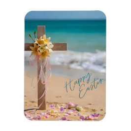 Íman Happy Easter Wooden Cross and Lilies on Beach
