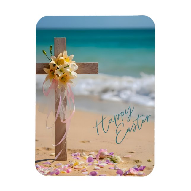 Íman Happy Easter Wooden Cross and Lilies on Beach (Vertical)