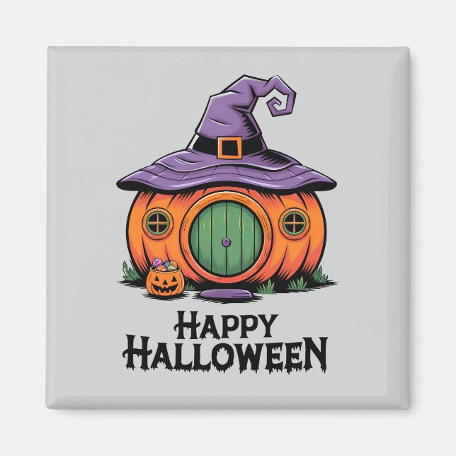 Íman Happy Halloween Pumpkin Cottage & Witch Hat Roof (Frente)