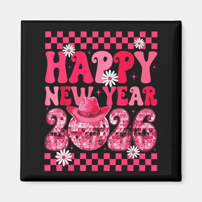 Íman Happy New Year 2026 Cowgirl Cowboy Disco Ball Girl (Frente)