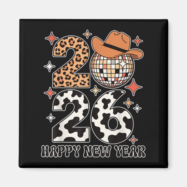 Íman Happy New Year 2026 Cowgirl Disco Ball Western Leo (Frente)