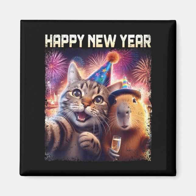 Íman Happy New Year 2026 Cute Cat Capybara Party Art  (Frente)