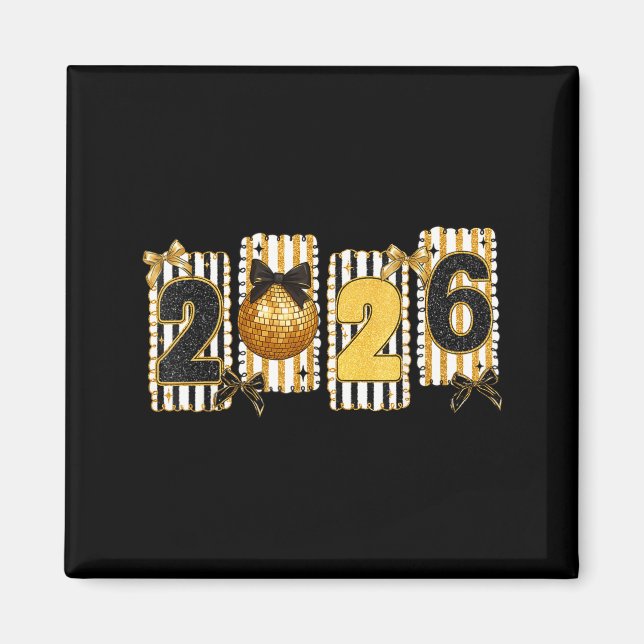 Íman Happy New Year 2026 Disco Ball Gold Coquette Bow F (Frente)