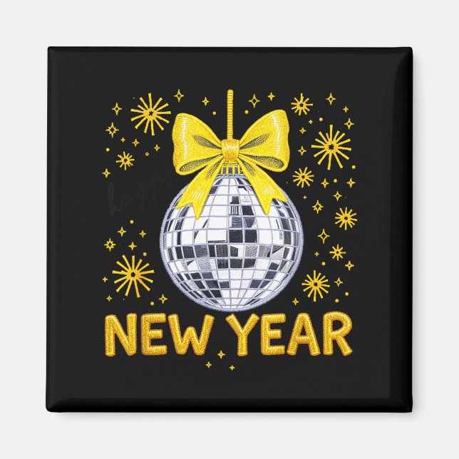 Íman Happy New Year 2026 Golden Disco Ball Bow New Year (Frente)