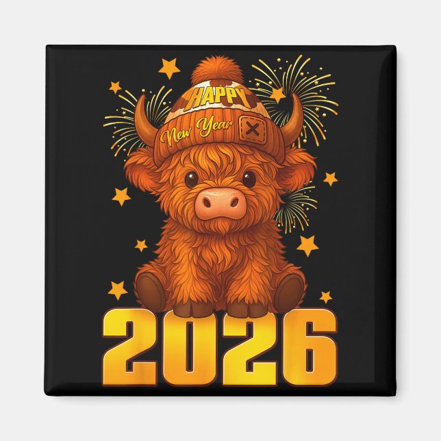 Íman Happy New Year 2026 Highland Cow &amp; Party Hat N (Frente)