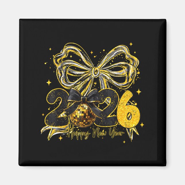 Íman Happy New Year Cute Gold Disco Ball Bow New Year's (Frente)