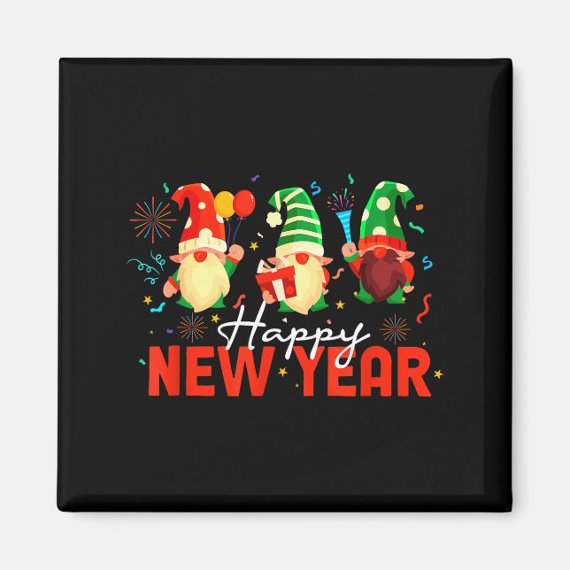 Íman Happy New Year Three Gnomes Fireworks Confetti Nye (Frente)