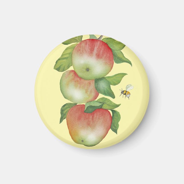 Íman Harmonia Doce: Maçãs de Aquarela e uma Abelha (Frente)