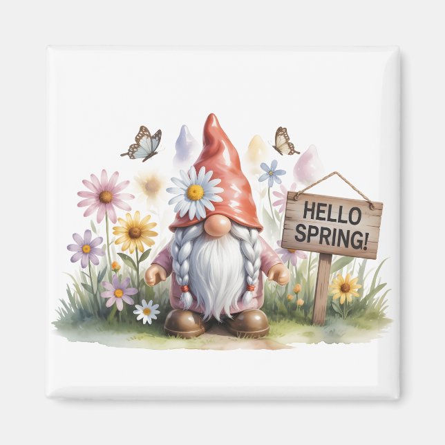 Íman Hello Spring Garden Gnome: Cute Gnome with Braids (Frente)