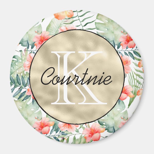 Íman Hibiscus Floral Dourado Monograma Rosa Tropical (Frente)