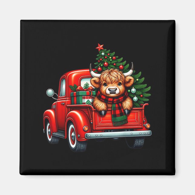 Íman Highland Cow In Truck Farm Farmer Christmas Cow Ca (Frente)