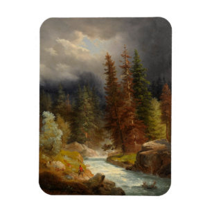 Íman Hiker Beside a um rio torrencial