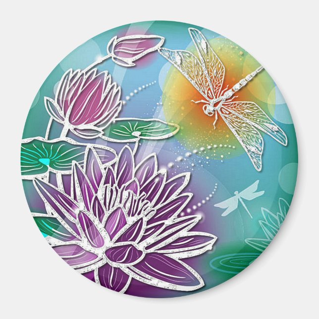 Íman Hip Dragonfly Bonito Arte Floral Moderna de Verão  (Frente)