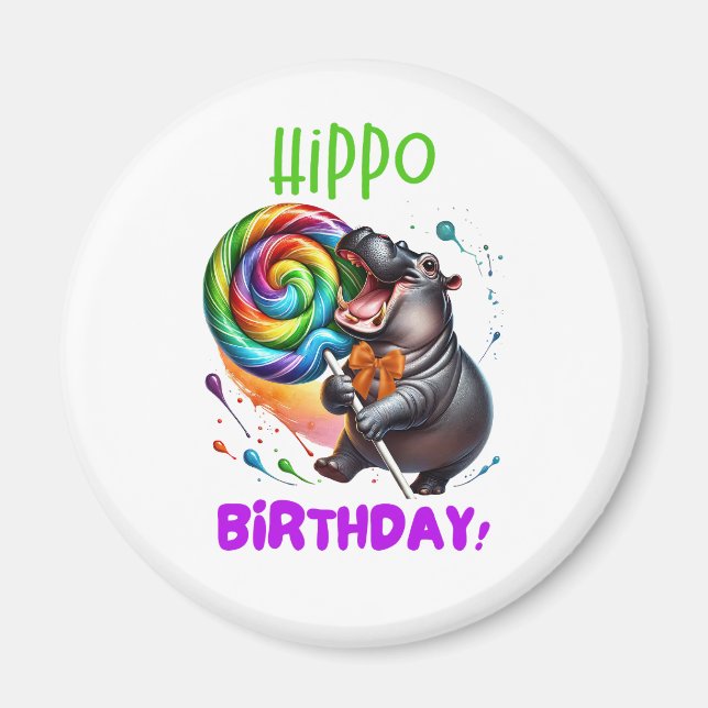 Íman Hippo Birthday Cheerful, Colorida Nadadora | (Frente)