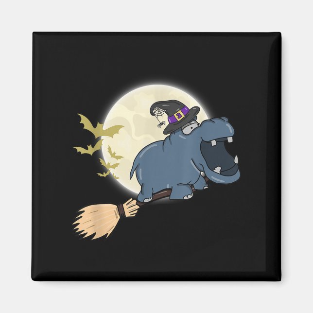 Íman Hippo Witch Hat Riding Broom Stick Zoo Animal Love (Frente)