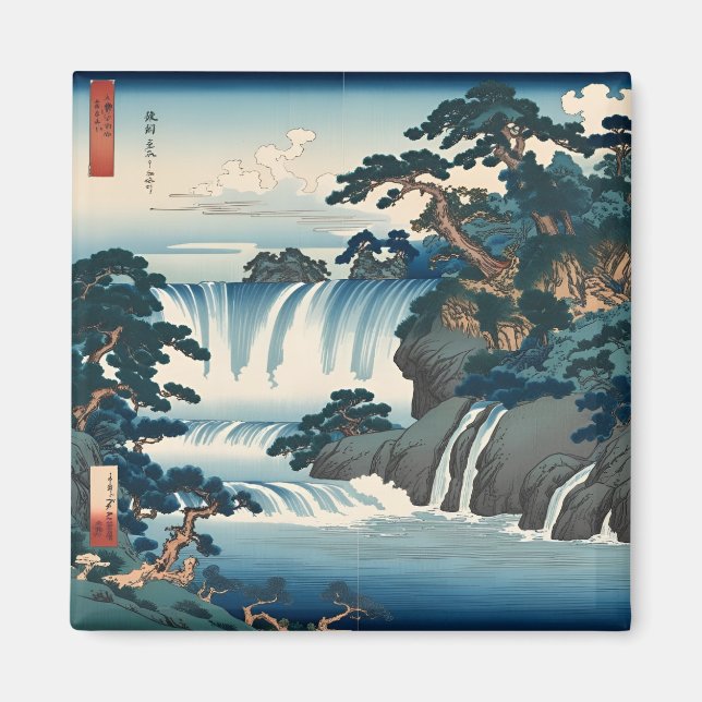 Íman Hokusai Ukiyo-e Japan Waterfall Blue (Frente)